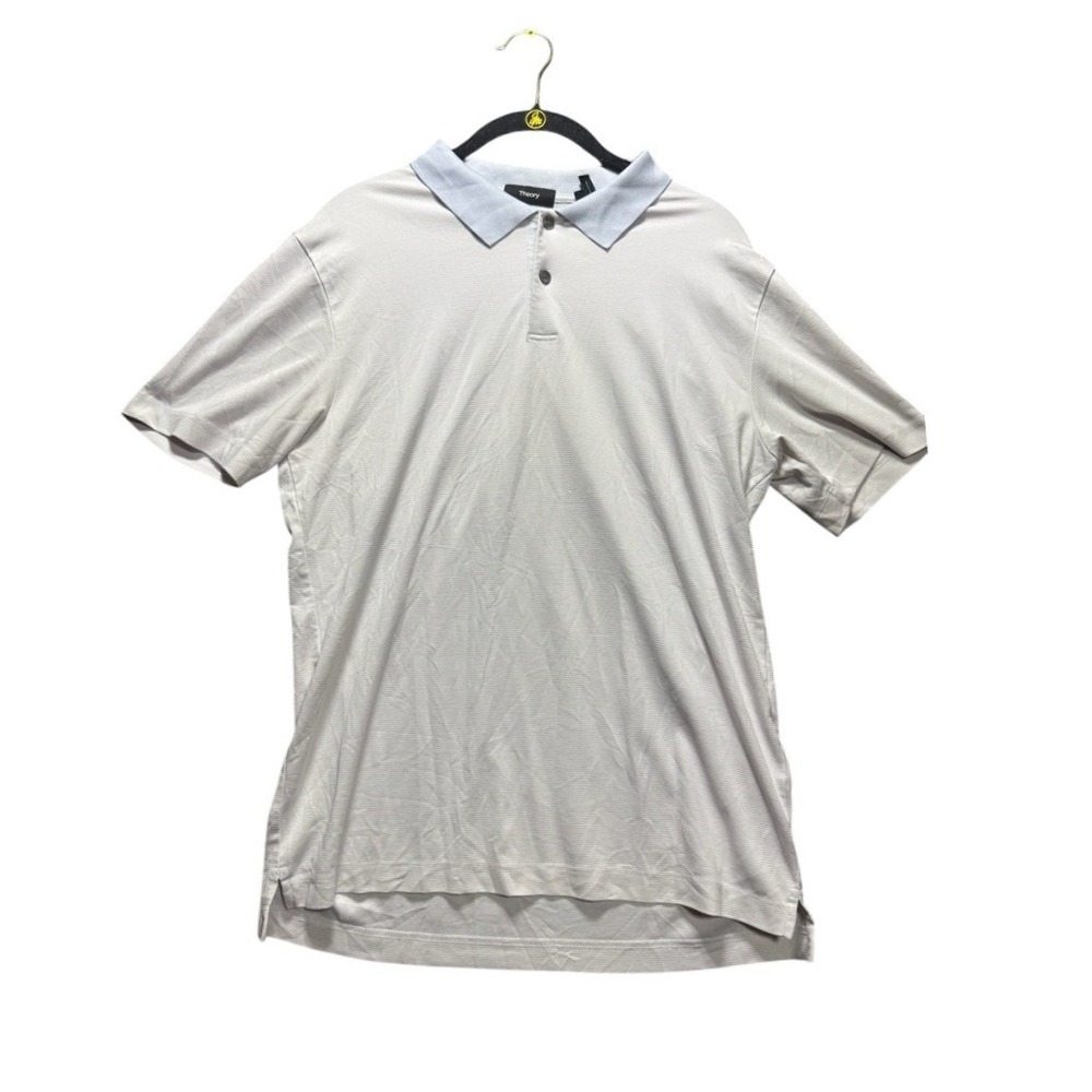 Theory Standard Polo Current Stripe Men M White Blue Short Sleeve Pima Cotton